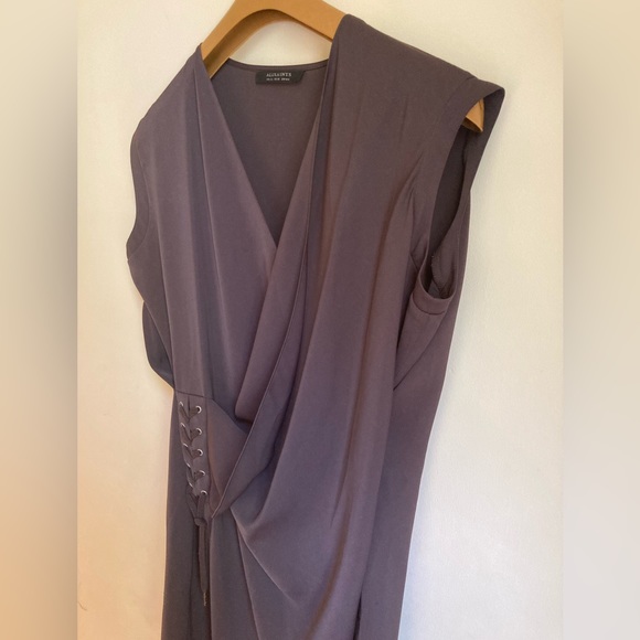 AllSaints - Aures Front Lace up Khaki Wrap Mini Dress - Picture 3 of 7